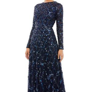 Mac Duggal Midnight Blue Floral Beaded Long Sleeve A-Line Gown